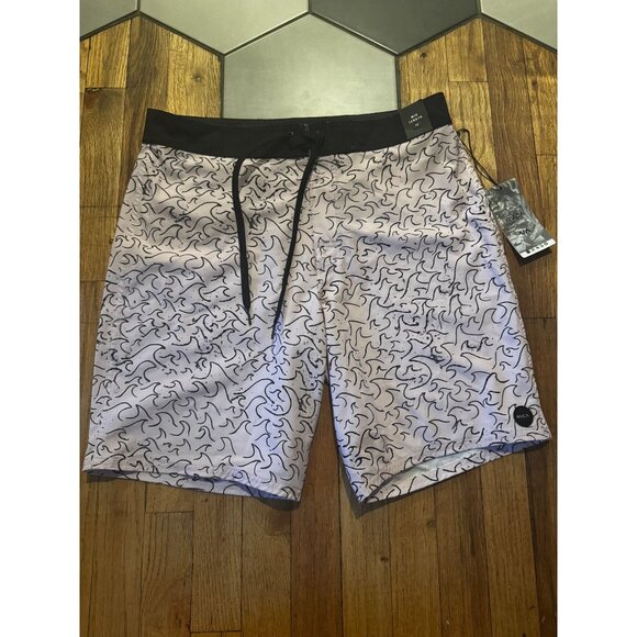 NEW RVCA Mens Mid-Length 19" Boardshorts Size 32 Abstract Wave Print Black Pink - Picture 1 of 5